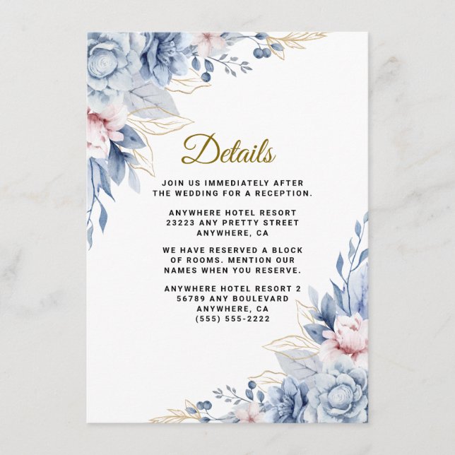 Carte D'accompagnement Mariage floral élégant bleu et rose (Devant)