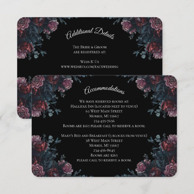 Carte D'accompagnement Mariage Floral Foncé Gothique Noir Élégant (Devant / Derrière)