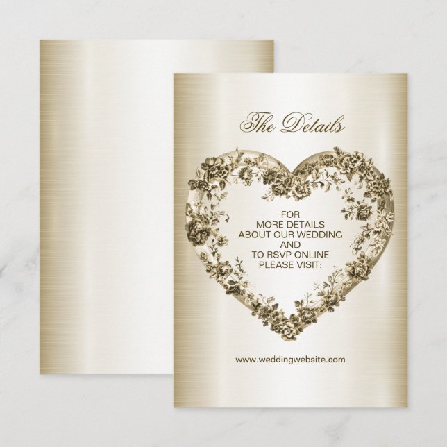 Carte D'accompagnement Mariage Floral Golden Ornate Heart Frame Élégant (Devant / Derrière)