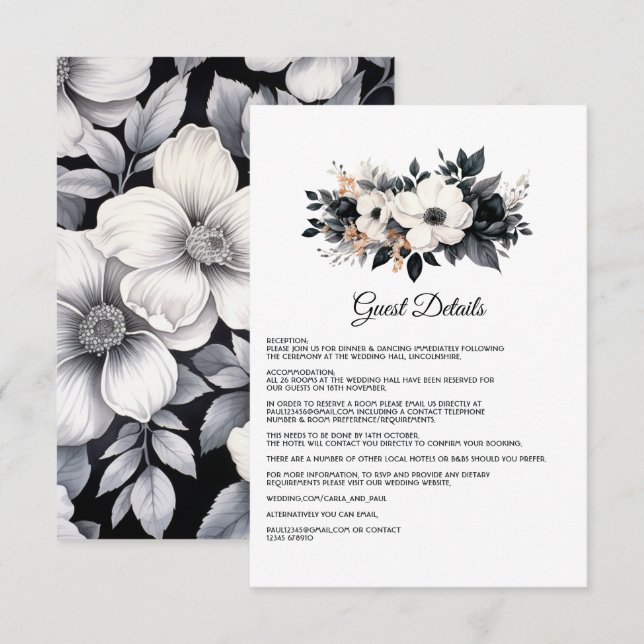Carte D'accompagnement Mariage Floral noir et blanc Détails de l'invité (Devant / Derrière)