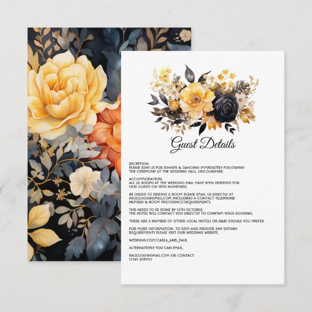 Carte D'accompagnement Mariage Floral noir et or Détails de l'invité (Devant / Derrière)