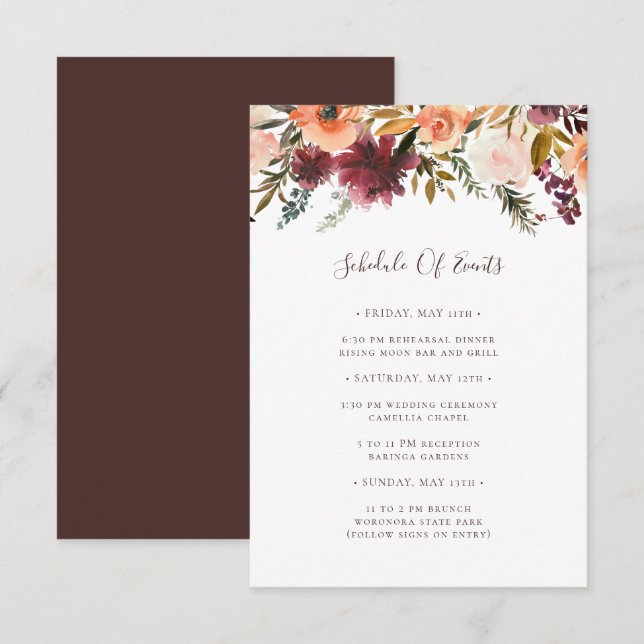 Carte D'accompagnement Mariage Floral Orange Bourgogne Horaire des événem (Devant / Derrière)