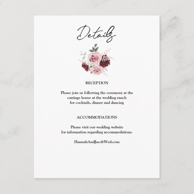 Carte D'accompagnement Mariage floral rouge Bourgogne et rose pâle (Devant)