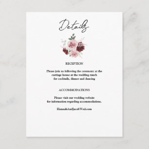 Carte D'accompagnement Mariage floral rouge Bourgogne et rose pâle