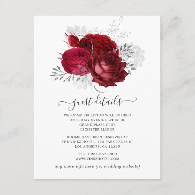 Carte D'accompagnement Mariage Floral Rouge et Argent Détails sur l'invit (Devant)
