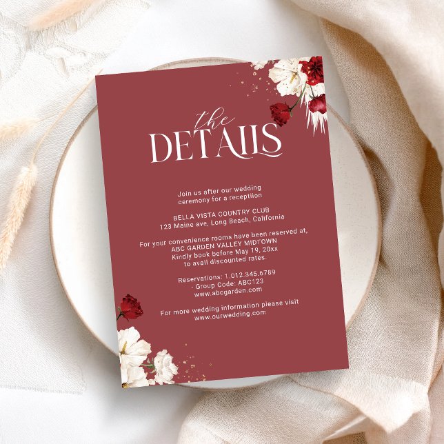 Carte D'accompagnement Mariage floral rouge et blanc rubis Détails (Créateur téléchargé)
