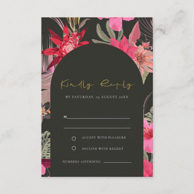 Carte D'accompagnement Mariage floral rouge foncé Boho tropical RSVP (Devant)