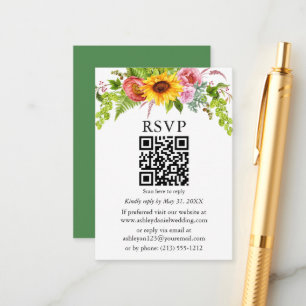 Carte D'accompagnement Mariage Floral Tournesol Aquarelle QR RSVP Vert