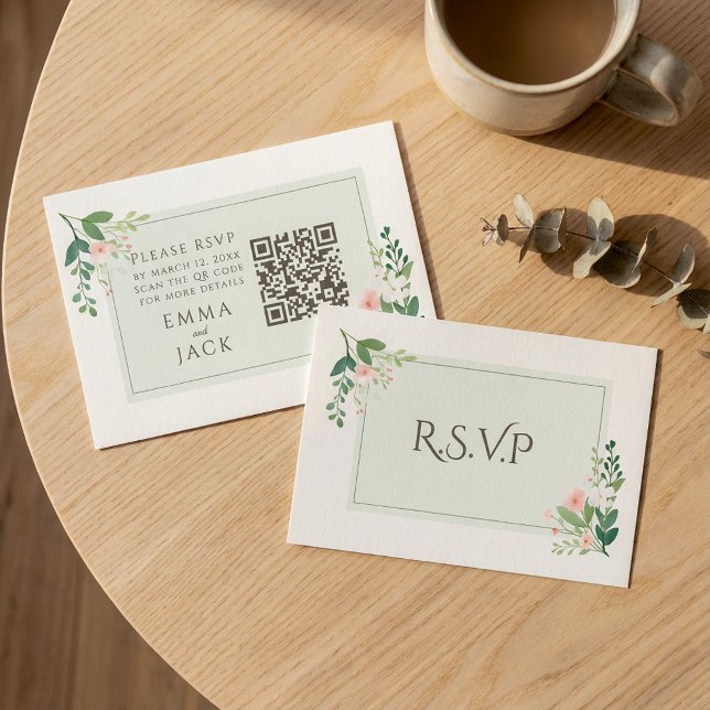 Carte D'accompagnement Mariage floral vert joli rose RSVP QR Code (Pretty Pink green Floral Wedding RSVP QR Code Enclosure Card.)
