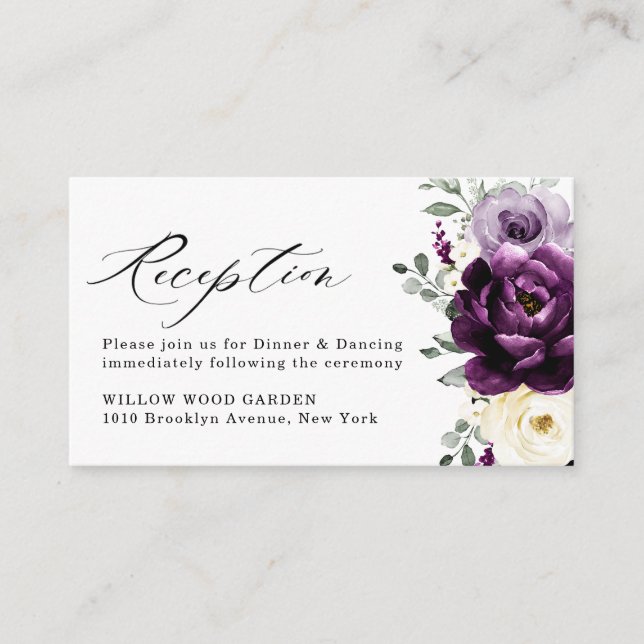 Carte D'accompagnement Mariage Floral Violet Aubergine Blanc Ivoire (Devant)
