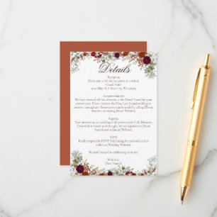 Carte D'accompagnement Mariage Florales de Bourgogne Automnal et Sauge Or