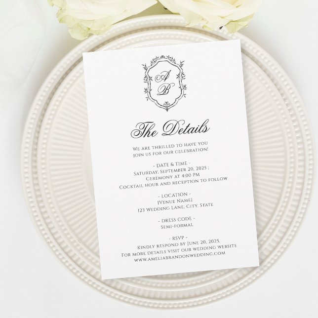 Carte D'accompagnement Mariage Formel noir & blanc Floral Monogram Crest (Créateur téléchargé)