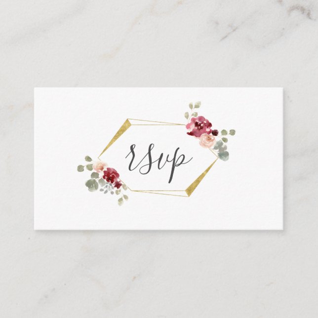 Carte D'accompagnement Mariage géométrique de fleurs bordeaux vertes RSVP (Devant)