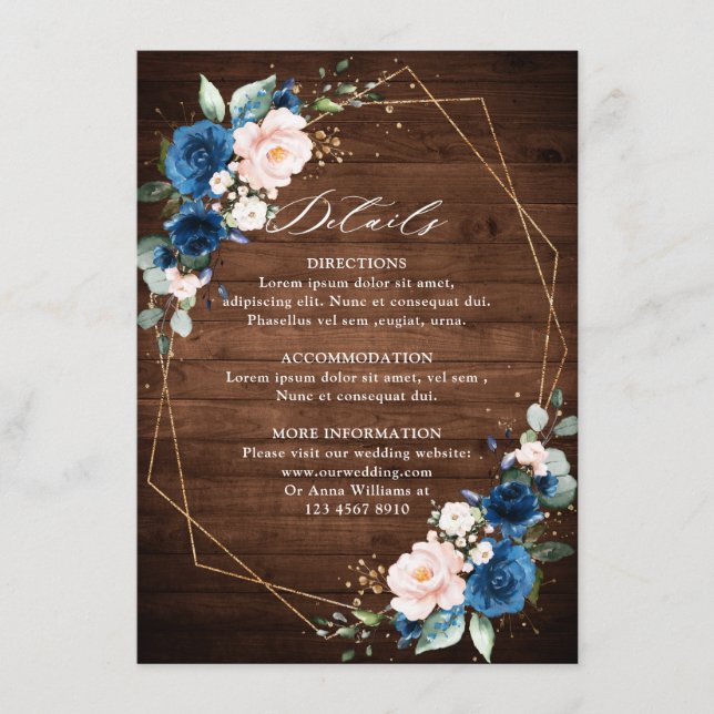 Carte D'accompagnement Mariage géométrique en bois rustique bleu marine (Devant)