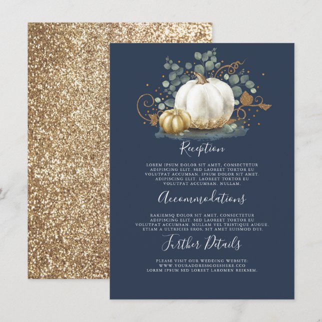 Carte D'accompagnement Mariage Gold et White Citrouille Détails Informati (Devant / Derrière)