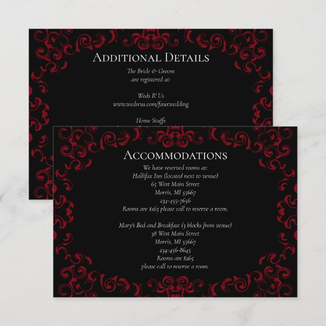 Carte D'accompagnement Mariage gothique au tourbillon rouge et noir (Devant / Derrière)