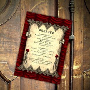 Carte D'accompagnement Mariage gothique rouge soie et crânes d'or