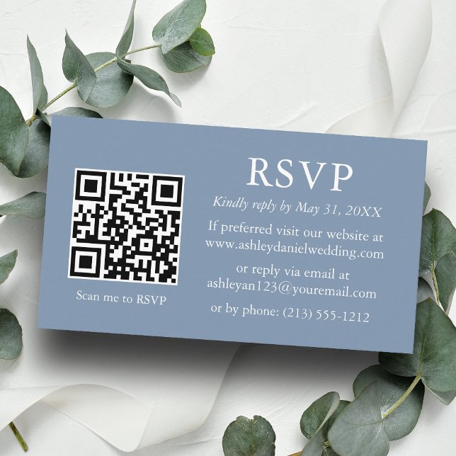 Carte D'accompagnement Mariage minimaliste Dusty Blue QR RSVP (Customize to change text style, size, background color or add more text or a photo to back of card.)