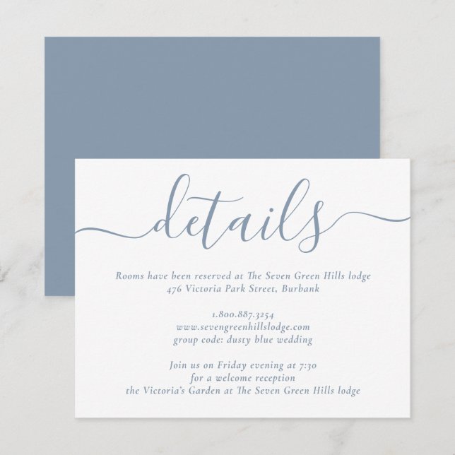 Carte D'accompagnement Mariage Moderne Écriture Bleu Poussiéreux (Devant / Derrière)