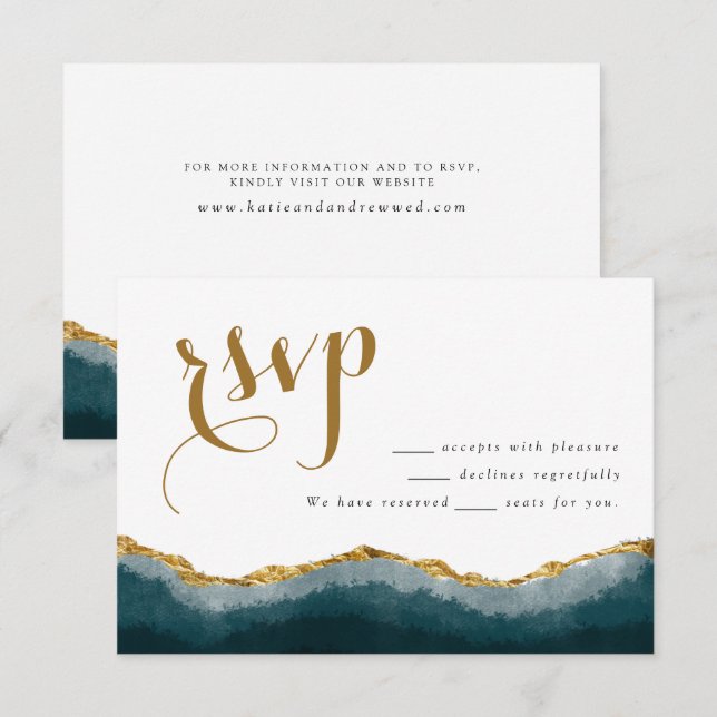 Carte D'accompagnement Mariage moderne Elégant Turquoise Or Agate (Devant / Derrière)