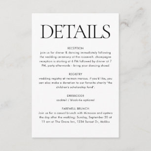 Carte D'accompagnement Mariage moderne noir blanc Infos clients Détails