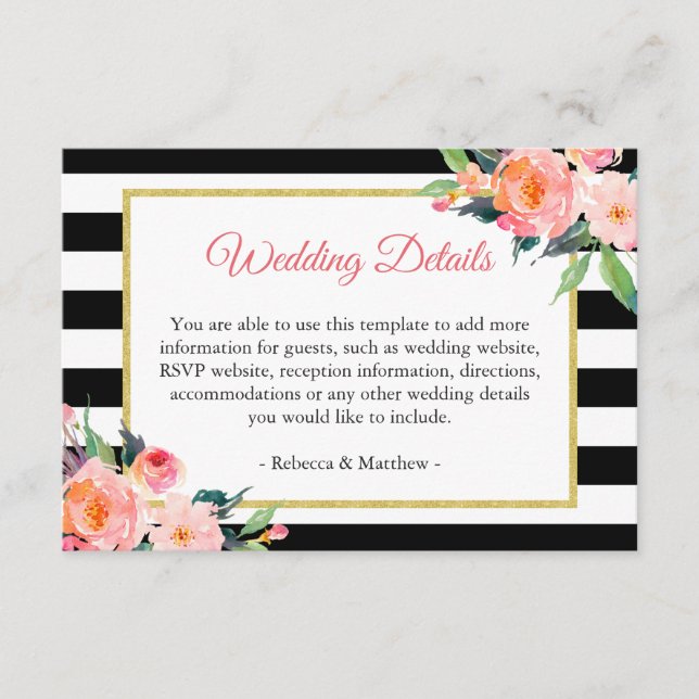 Carte D'accompagnement Mariage moderne noir blanc rayures Floral Détails (Devant)