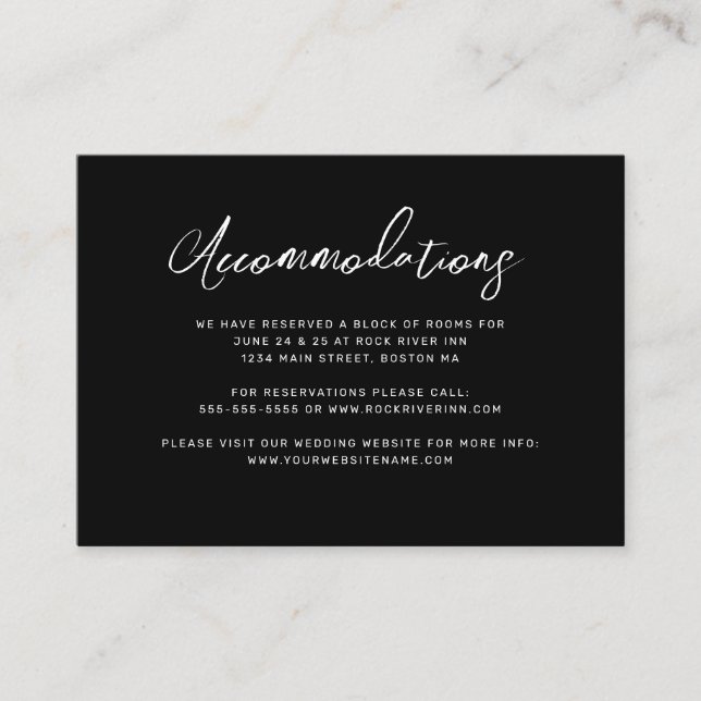 Carte D'accompagnement Mariage moderne noir blanc Script Hébergements  (Devant)