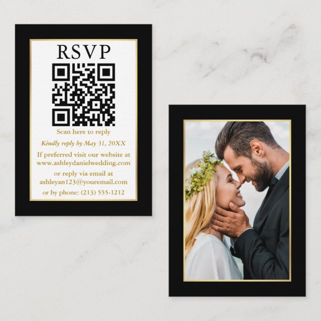 Carte D'accompagnement Mariage moderne QR Photo Gold Frame noir QR (Devant / Derrière)