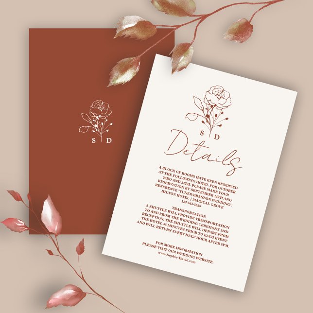 Carte D'accompagnement Mariage monogramme en terre cuite florale minimali (wedding details, terracotta burnt orange information, wedding accommodations enclosure card)