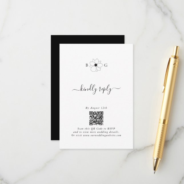 Carte D'accompagnement Mariage Monogramme minimaliste Fleur sauvage tiré  (Devant/Arrière en situation)