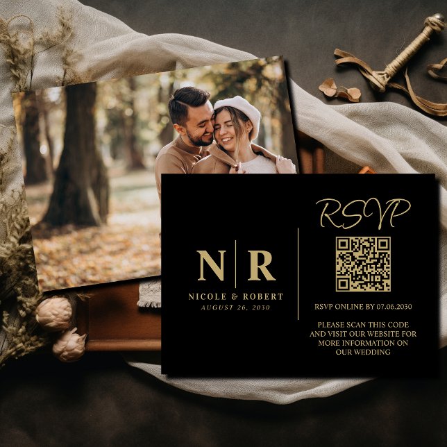 Carte D'accompagnement Mariage Monogramme RSVP QR Code Photo Élégante (Créateur téléchargé)