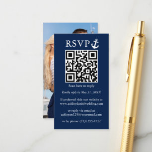 Carte D'accompagnement Mariage Nautical Navy Blue Ancre QR RSVP Photo