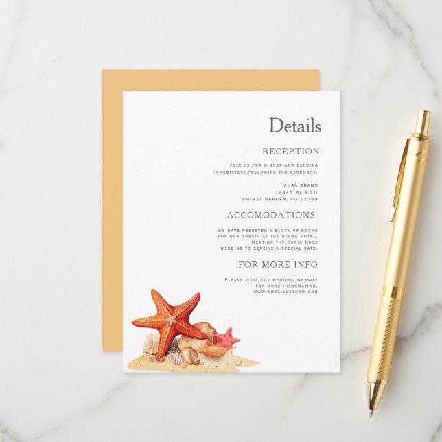 Carte D'accompagnement Mariage nautique de plage de Starfish shells (Devant/Arrière en situation)