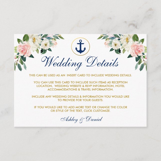 Carte D'accompagnement Mariage nautique Floral Gold Détails Insérer une c (Devant)