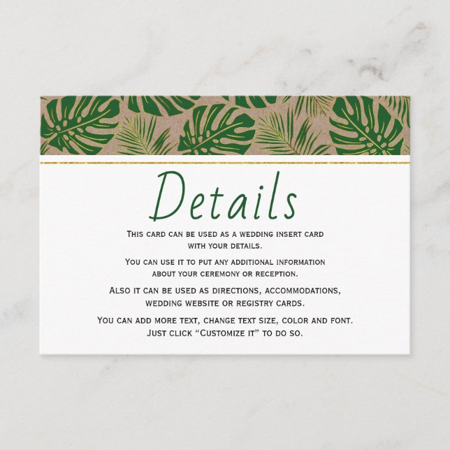 Carte D'accompagnement Mariage papier feuille tropical (Devant)