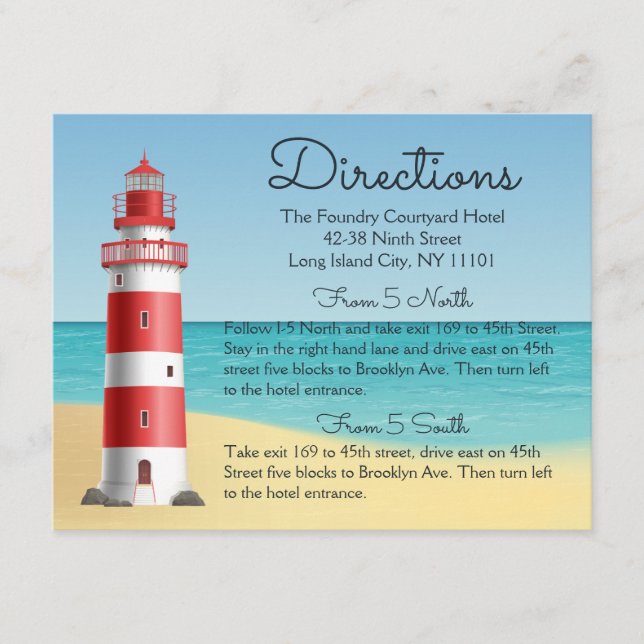 Carte D'accompagnement Mariage phare nautique Directions Plage Océan (Devant)