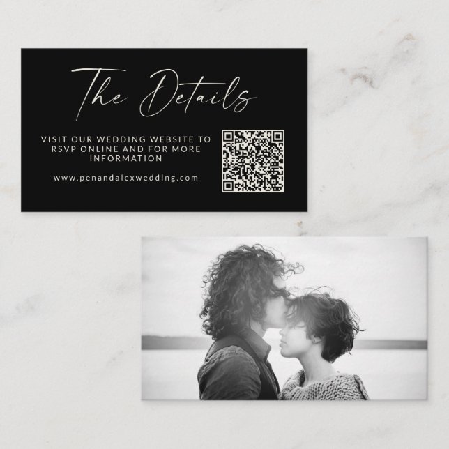 Carte D'accompagnement Mariage photo en noir simple Détails du code QR (Devant / Derrière)