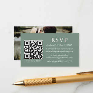 Carte D'accompagnement Mariage photo minimaliste QR RSVP Sage Vert