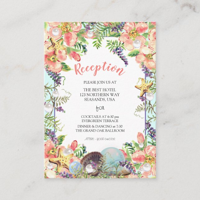 Carte D'accompagnement Mariage Plage Coquillages Floraux Réception Corail (Devant)