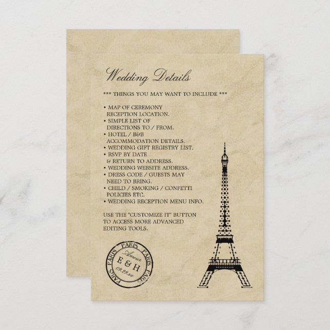 Carte D'accompagnement Mariage postal vintage Tour Eiffel Paris (Devant / Derrière)