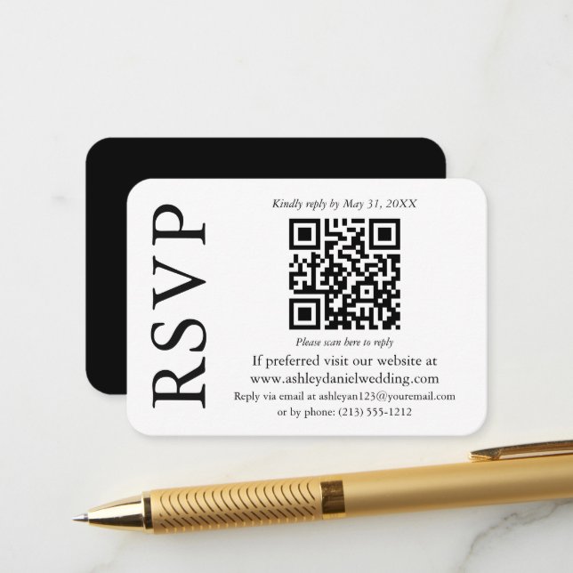 Carte D'accompagnement Mariage QR moderne et élégant noir blanc noir RSVP (Devant/Arrière en situation)
