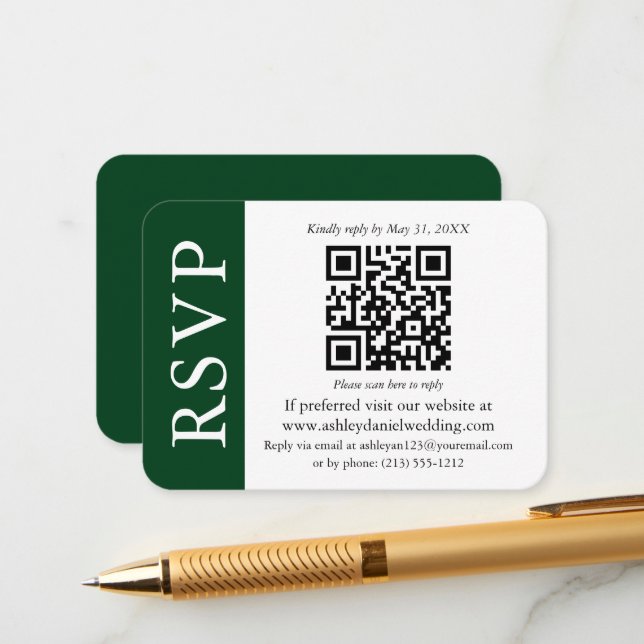 Carte D'accompagnement Mariage QR moderne RSVP vert et blanc (Devant/Arrière en situation)