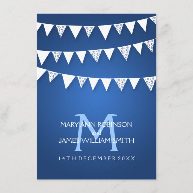Carte D'accompagnement Mariage Réception Amour Bunting Monogramme Bleu (Devant)