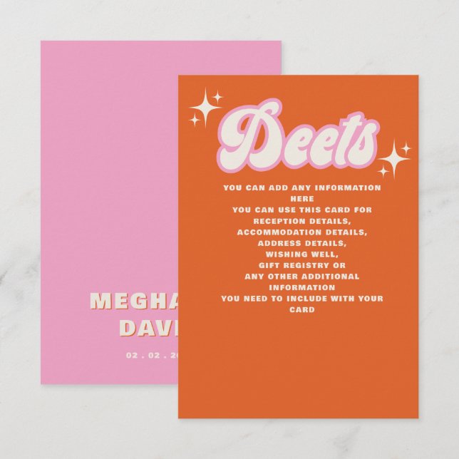 Carte D'accompagnement Mariage Rétro Groovy Années 70 Mignon Ivoire Orang (Devant / Derrière)