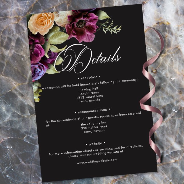 Carte D'accompagnement Mariage Romantique Fleurie Sombre Noir Bourgogne (Moody Dark Floral Black Burgundy Romantic Wedding Enclosure Card)