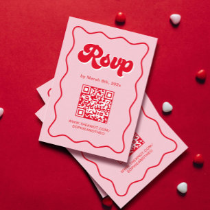 Carte D'accompagnement Mariage rose et rouge rétro RSVP QR Code