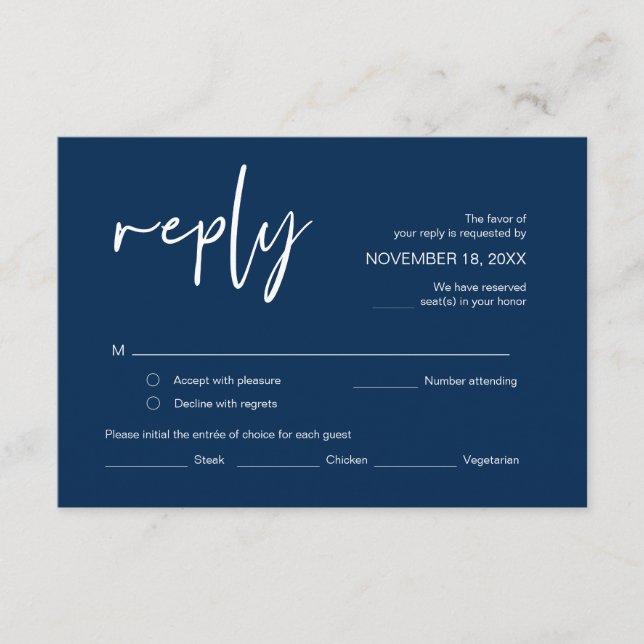 Carte D'accompagnement Mariage RSVP, avec options de repas, Police bleu m (Devant)