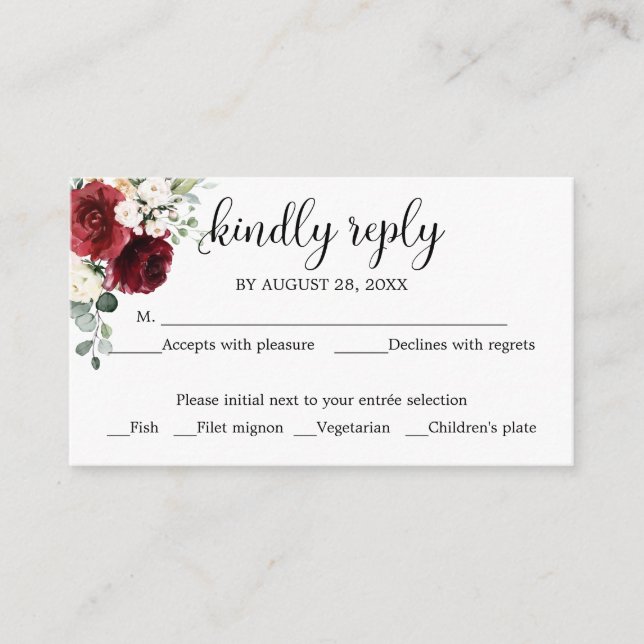 Carte D'accompagnement Mariage RSVP Chalk rustique Bourgogne Floral (Devant)