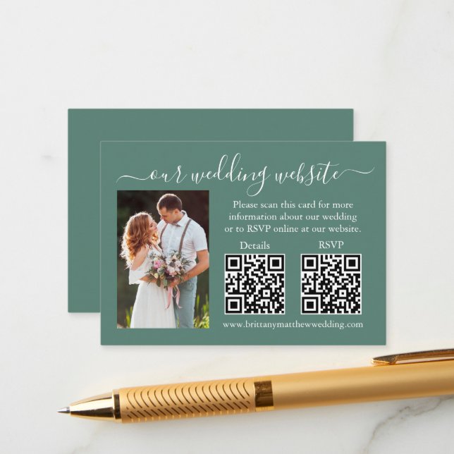 Carte D'accompagnement Mariage RSVP Détails Photo 2 QR Eucalyptus Vert (Devant/Arrière en situation)