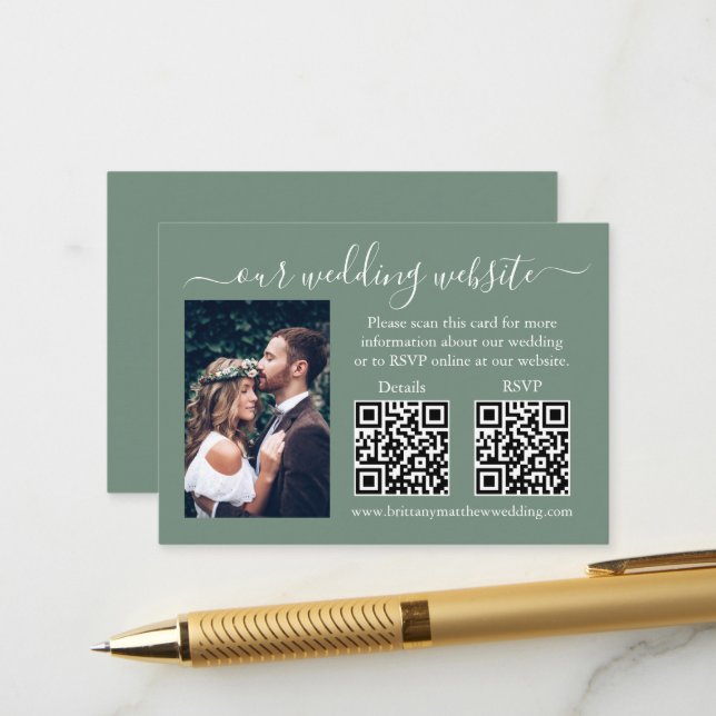 Carte D'accompagnement Mariage RSVP Détails Photo 2 QR Sage Green (Devant/Arrière en situation)